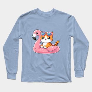 Cute Cat with Flamingo Buoy Long Sleeve T-Shirt